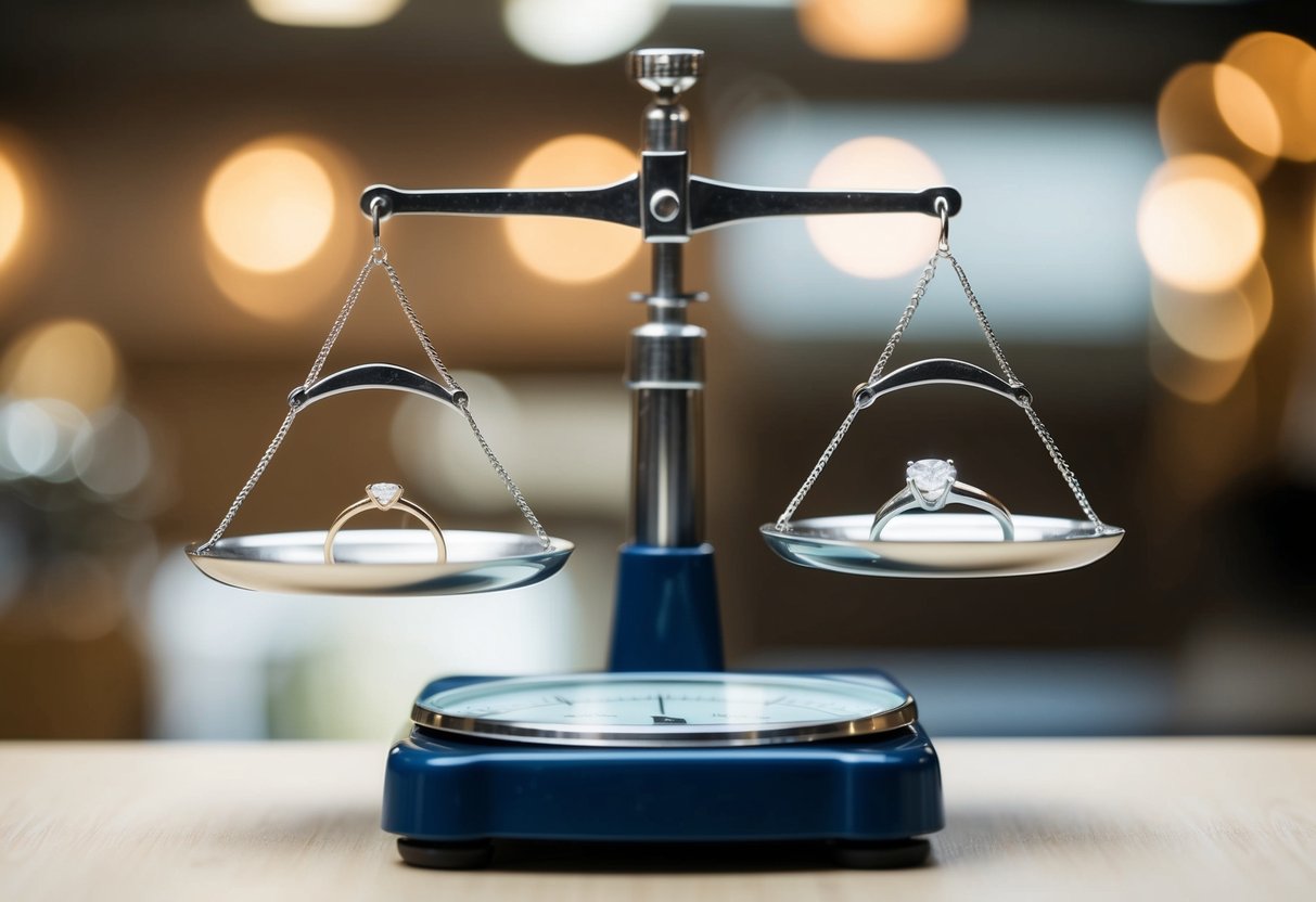A jeweler's scale weighing an engagement ring and a wedding ring