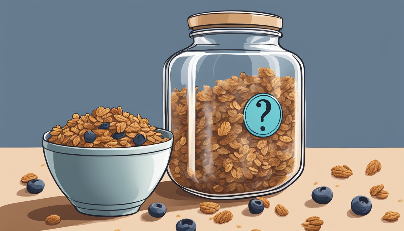 A bowl of expired store-bought granola next to a jar of freshly baked homemade granola, with a question mark hovering above them