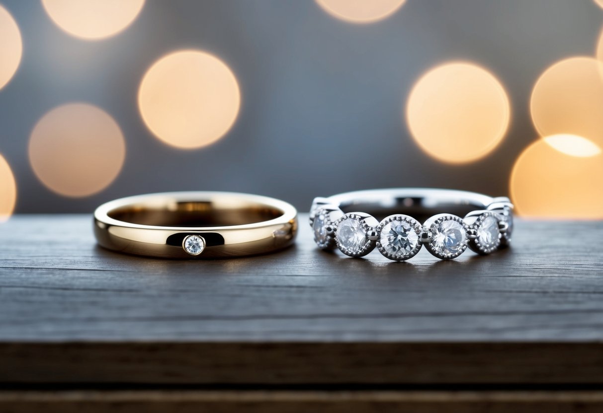 Two rings side by side, one with a simple band and a single stone, the other with a more elaborate design and multiple stones