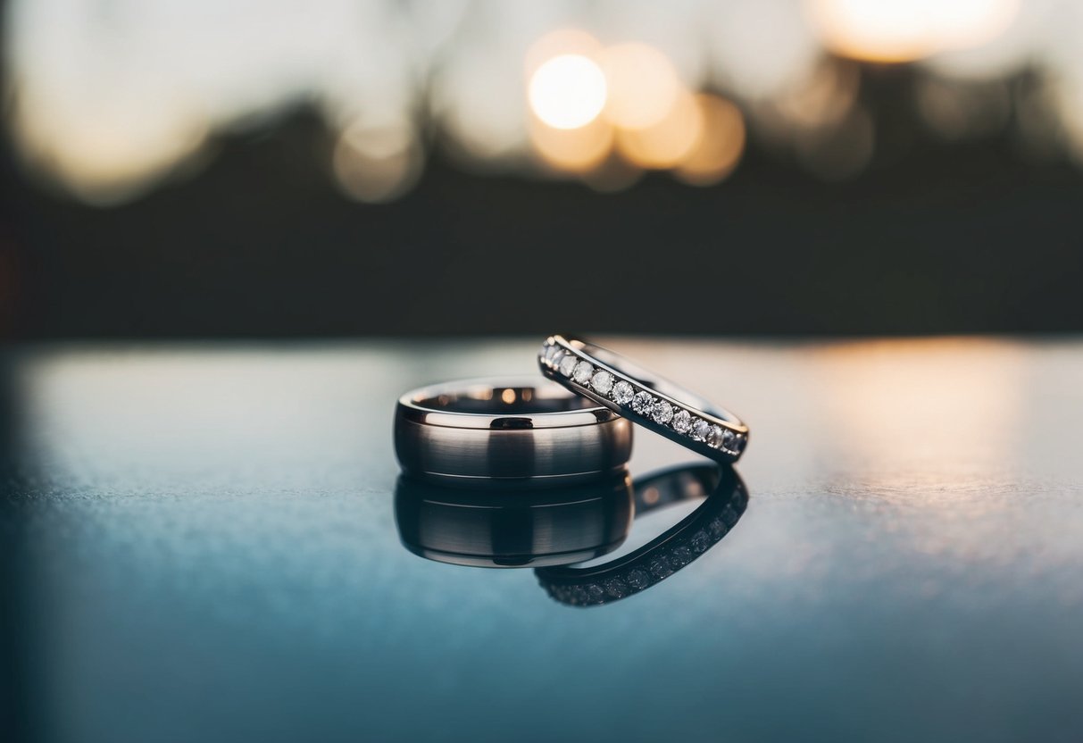A pair of matching wedding rings resting on a smooth, reflective surface