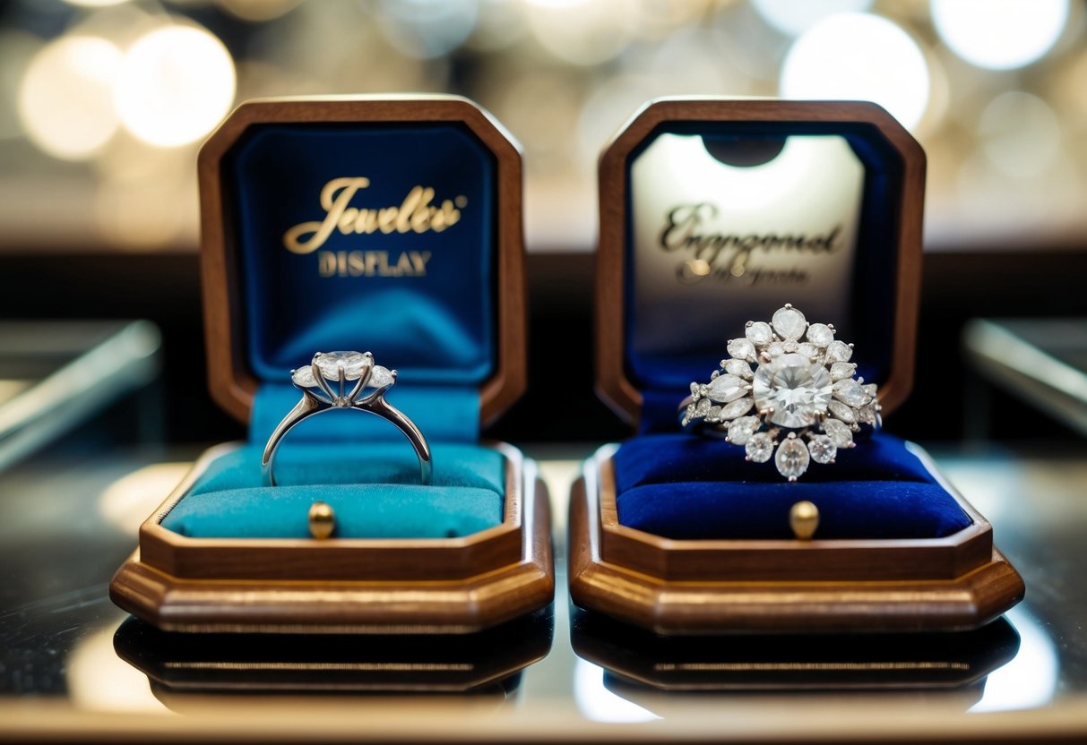 A jeweler's display featuring two rings, one simple and elegant for an engagement, and the other more ornate and extravagant for a wedding