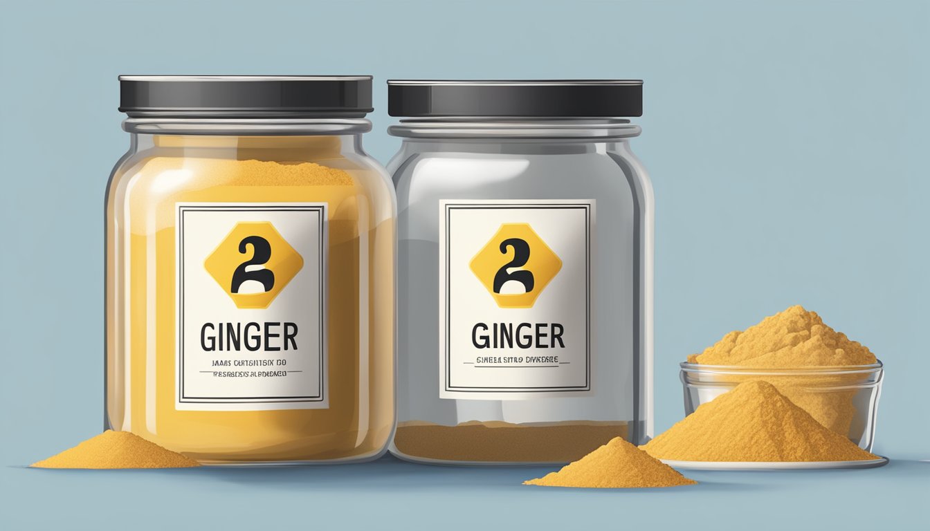 A jar of expired ginger powder next to a fresh jar, with a caution sign and a question mark