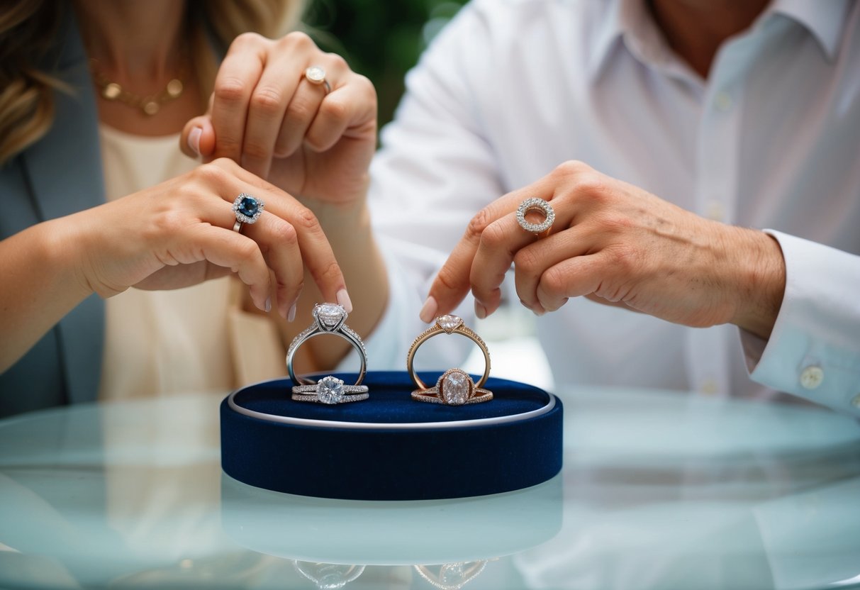 A husband and wife comparing matching and unique wedding rings on a display table