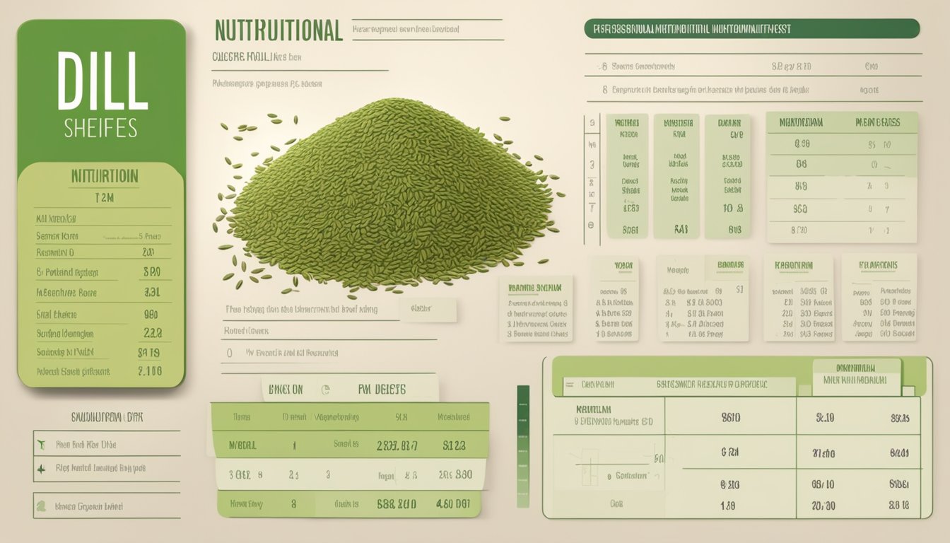 A small pile of dill seeds surrounded by fresh dill sprigs and a labeled nutritional profile chart