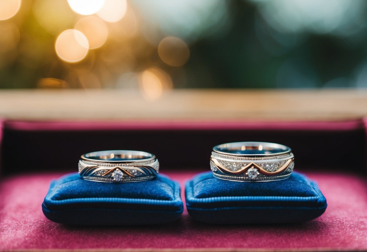 A pair of matching wedding rings displayed on a velvet cushion with intricate designs and materials