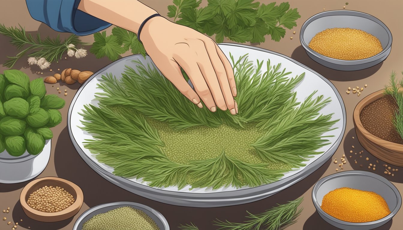 A hand sprinkles dill seeds onto a dish, surrounded by fresh herbs and spices