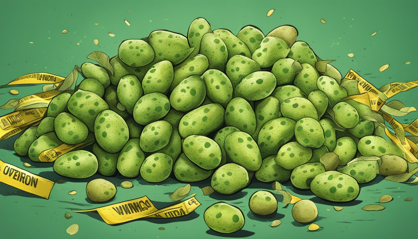 A pile of unripe potatoes with green spots, surrounded by warning signs and caution tape