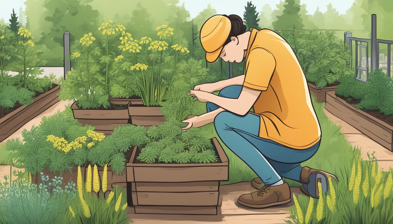 A person planting dill seeds in a garden, surrounded by healthy plants and a sign indicating safe consumption