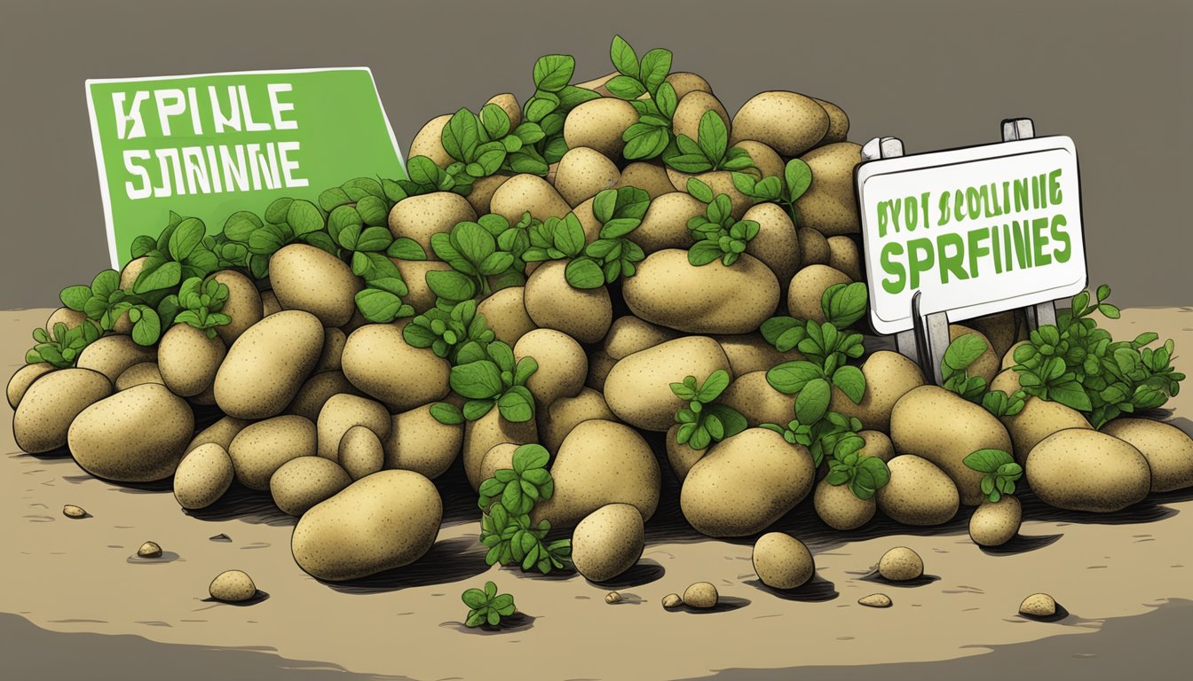 A pile of unripe potatoes next to a warning sign. Some potatoes are green and sprouting, indicating the presence of solanine