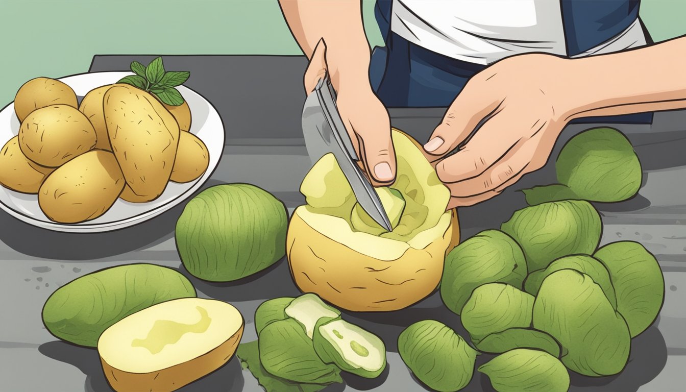 A person cutting open a raw potato to reveal its unripe, greenish flesh