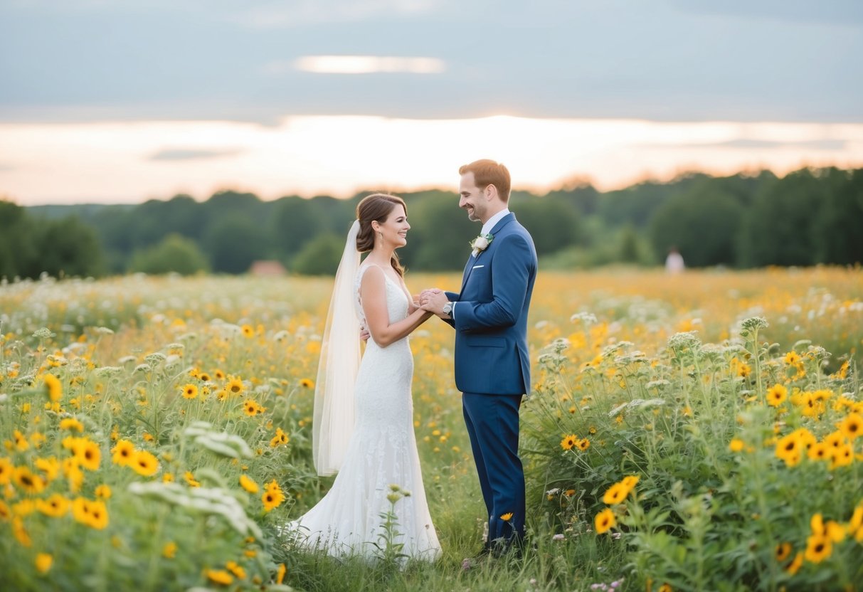 A couple standing amidst a field of wildflowers exchanging brief vows
