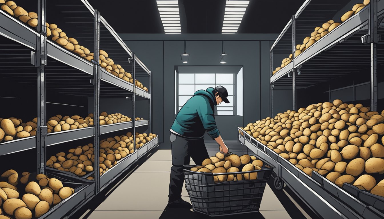 A person placing potatoes in a cool, dark storage area