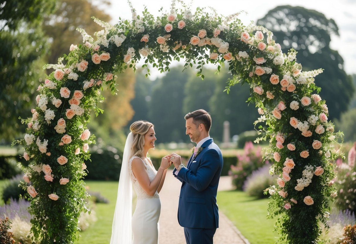 A couple standing beneath a flowering archway, exchanging rings