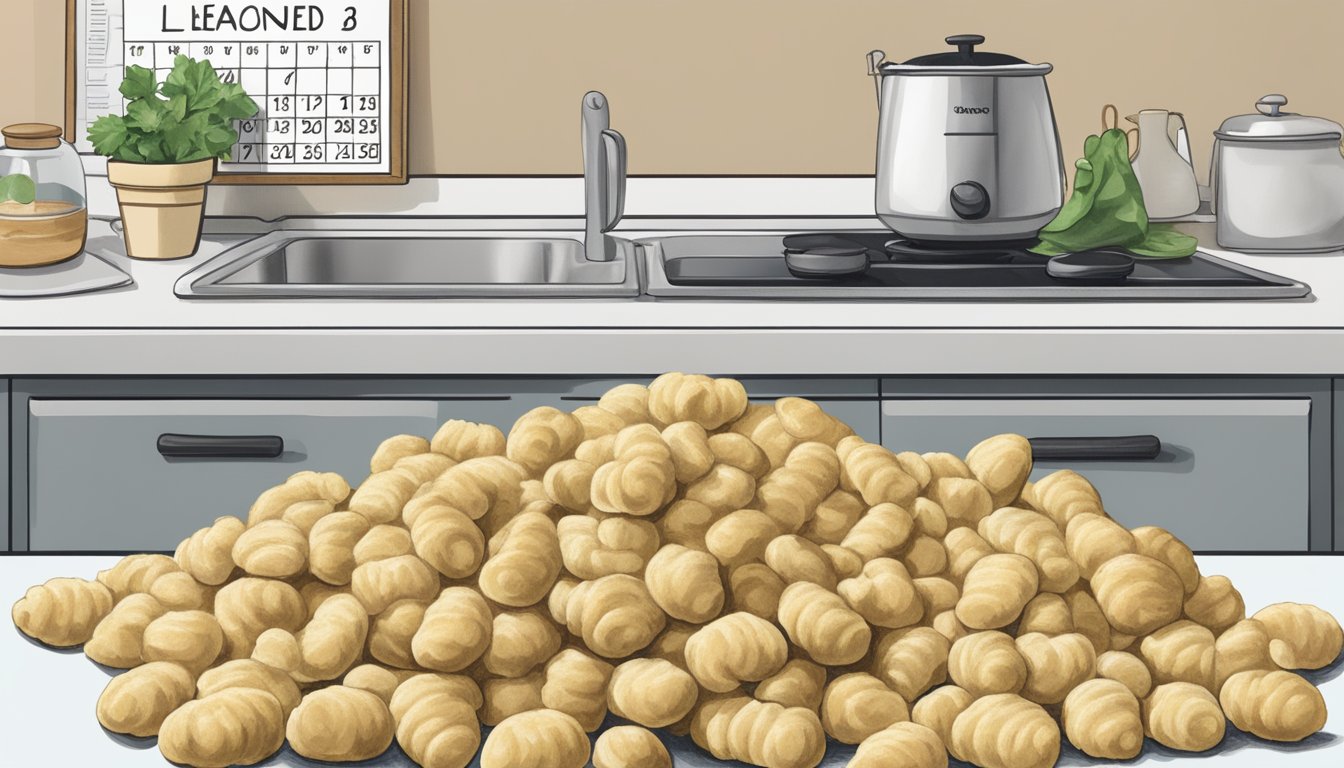 A pile of expired gnocchi sits on a kitchen counter next to a calendar showing the date. The gnocchi looks dry and discolored, with a faint odor emanating from the package