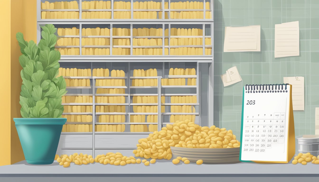 A shelf with properly stored gnocchi next to a calendar showing expiration date