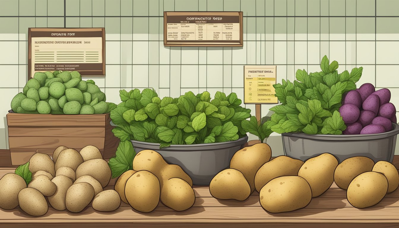 A table with different types of potatoes, some green and unripe, next to a warning sign