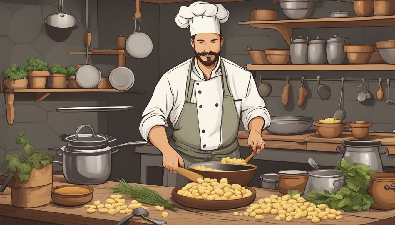 A chef prepares and cooks gnocchi in a rustic kitchen with pots, pans, and fresh ingredients