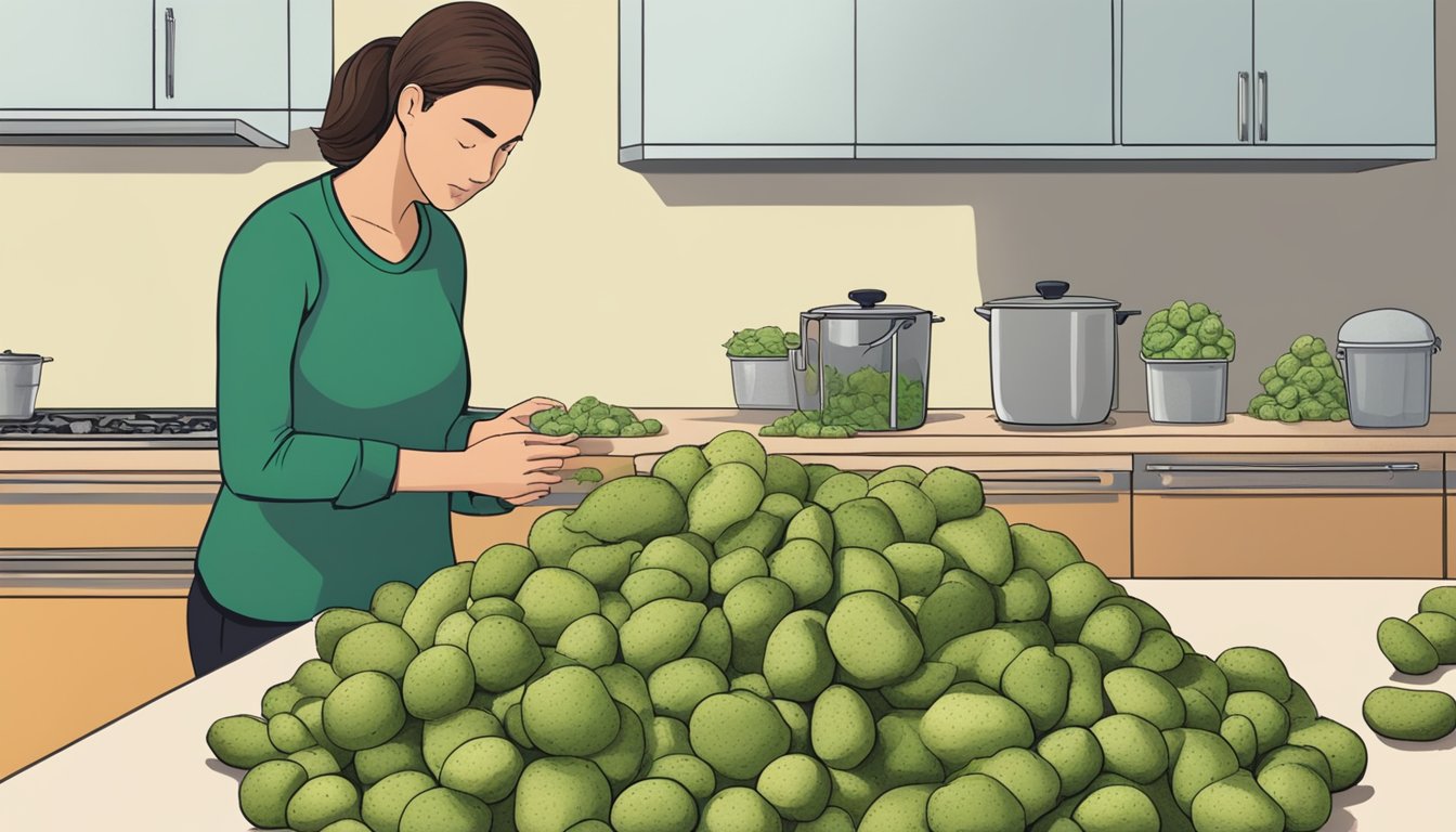 A pile of unripe potatoes sits on a kitchen counter, while a person examines them with a concerned expression. A compost bin in the background suggests a commitment to reducing food waste