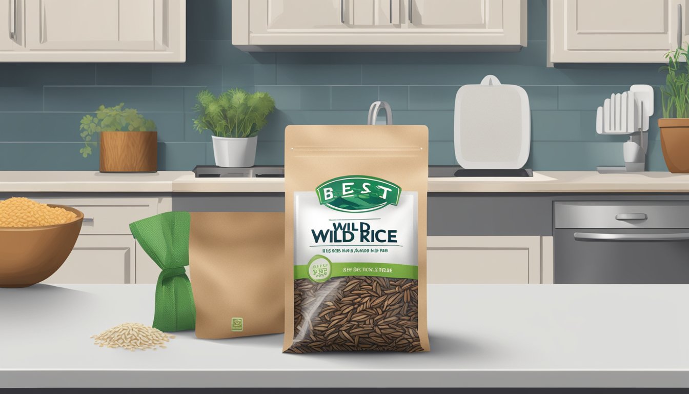 A bag of expired wild rice next to a "best by" date on a kitchen counter