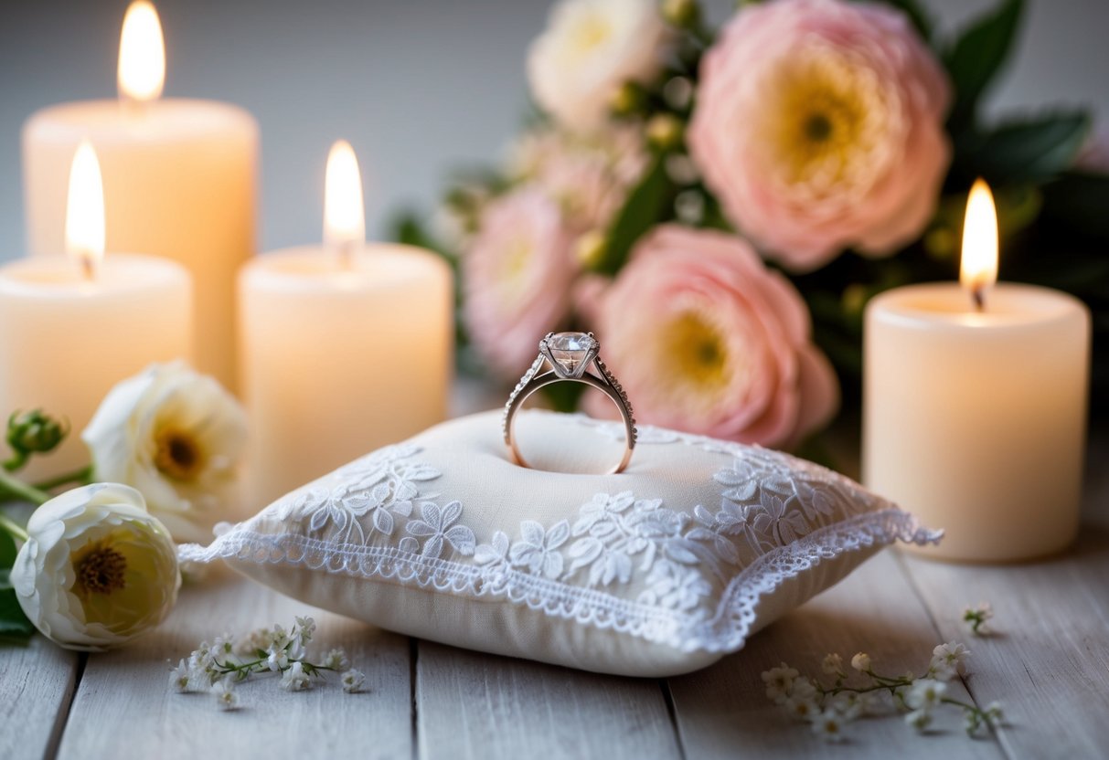 A wedding ring resting on a delicate lace pillow, surrounded by soft candlelight and blooming flowers