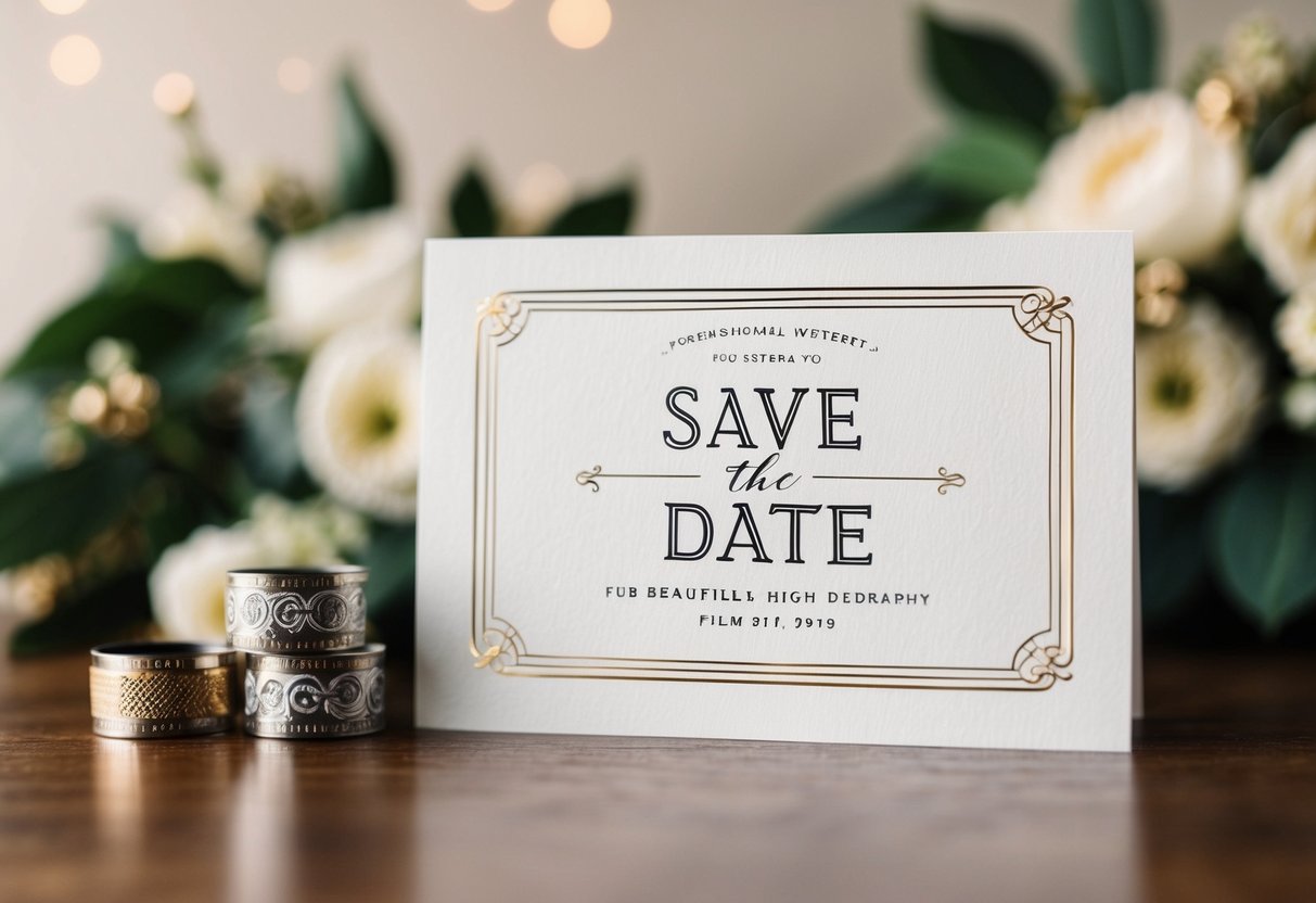 A beautifully designed save the date card with elegant typography and decorative elements