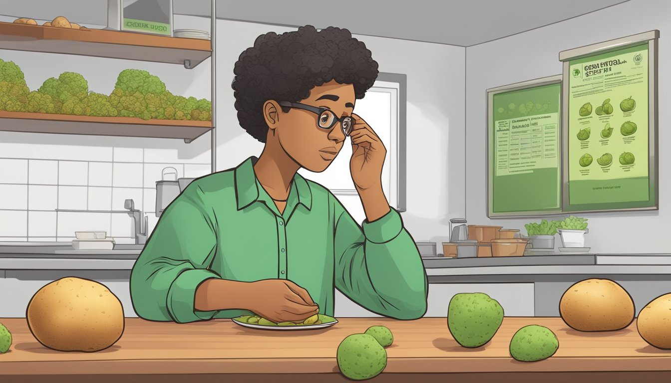 A person examining an unripe potato with a concerned expression, while a food safety guideline poster is displayed in the background