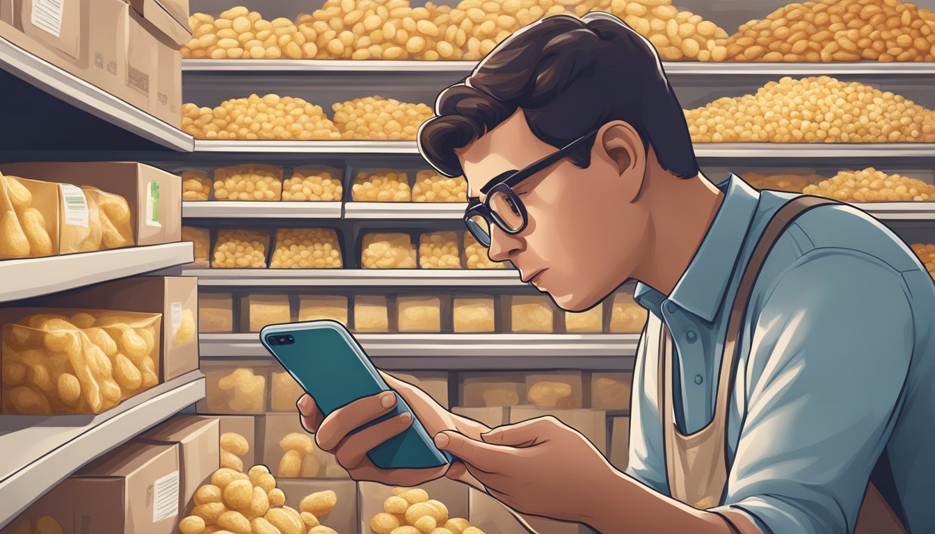 A person examining a package of expired gnocchi with a concerned expression, while holding a smartphone to look up information