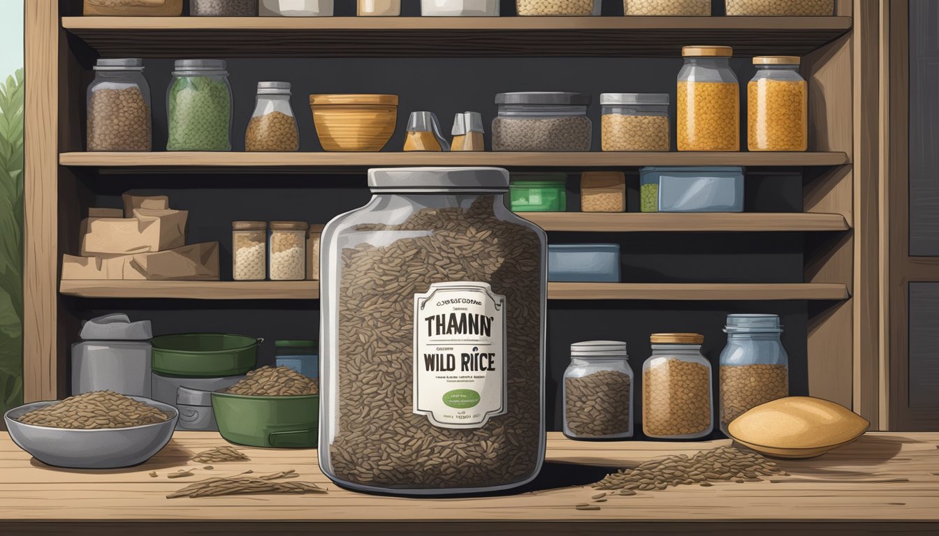 A bag of expired wild rice sits on a dusty shelf, surrounded by other forgotten pantry items