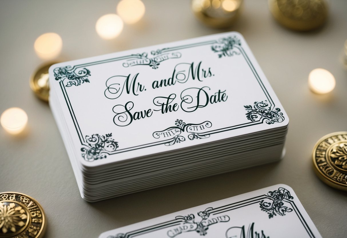 A stack of elegant save-the-date cards with "Mr. and Mrs." written in ornate calligraphy