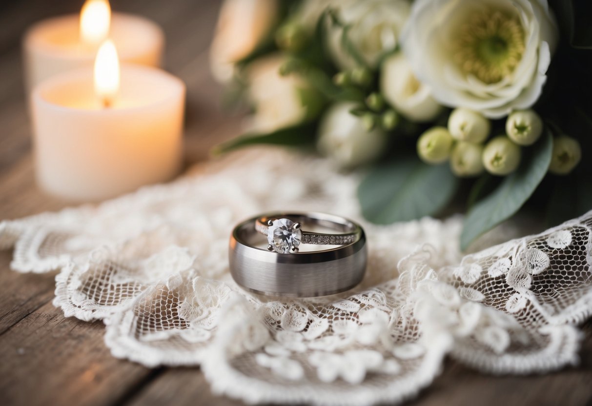 A wedding ring resting on a delicate lace fabric, surrounded by soft candlelight and a bouquet of flowers