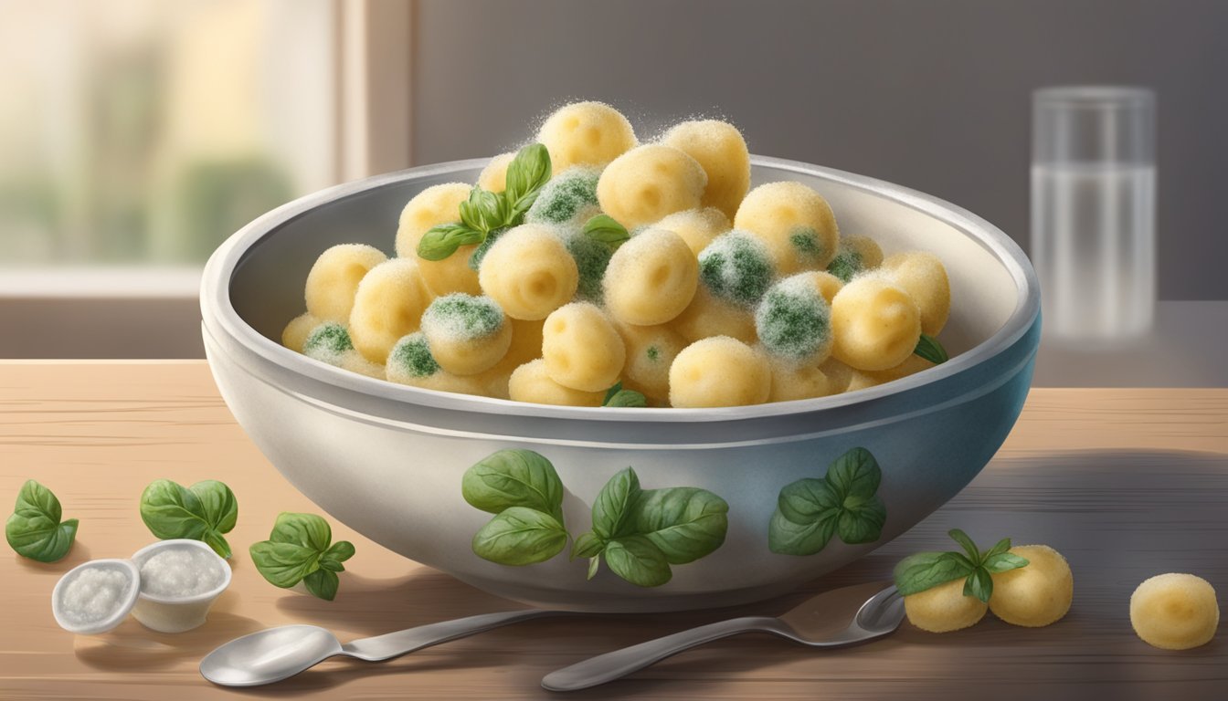 A bowl of expired gnocchi with mold growing on it