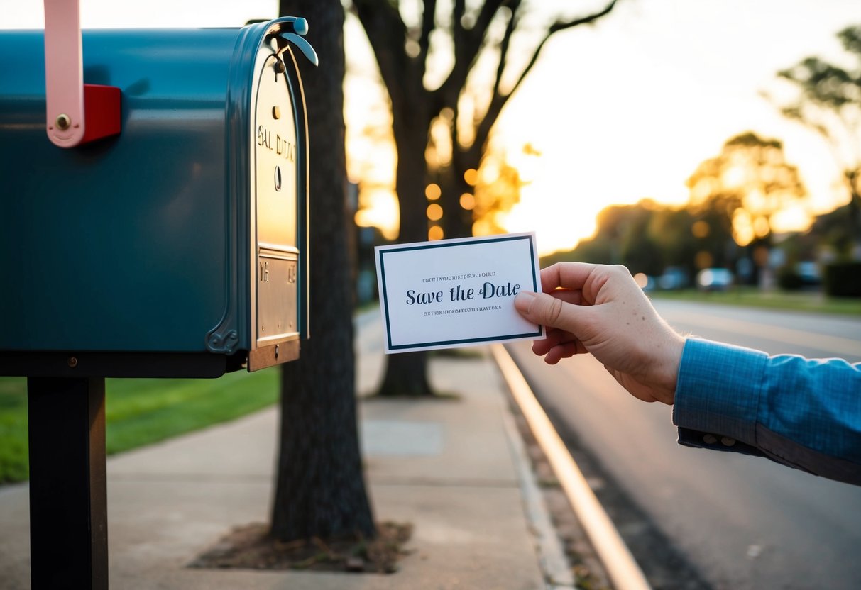 A hand placing a save-the-date card into a mailbox, with a scenic background of a tree-lined street and a setting sun