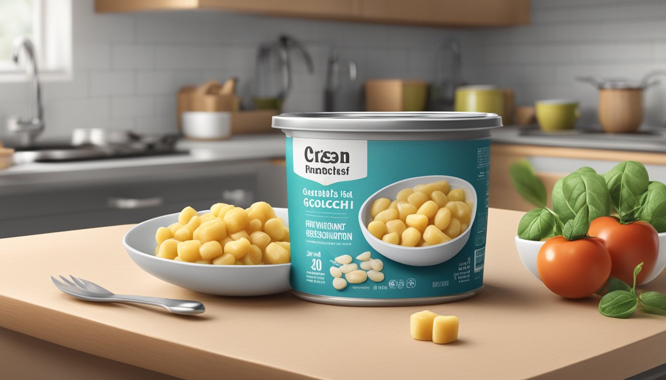 A package of gnocchi with a visible expiration date on the label, sitting on a kitchen counter next to a bowl of sauce and a utensil