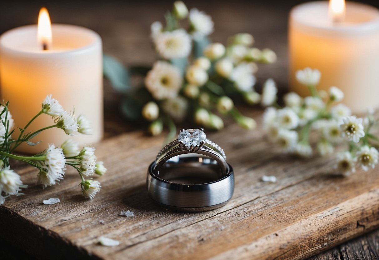 A pair of elegant wedding rings placed on a rustic wooden surface, surrounded by delicate floral arrangements and soft candlelight