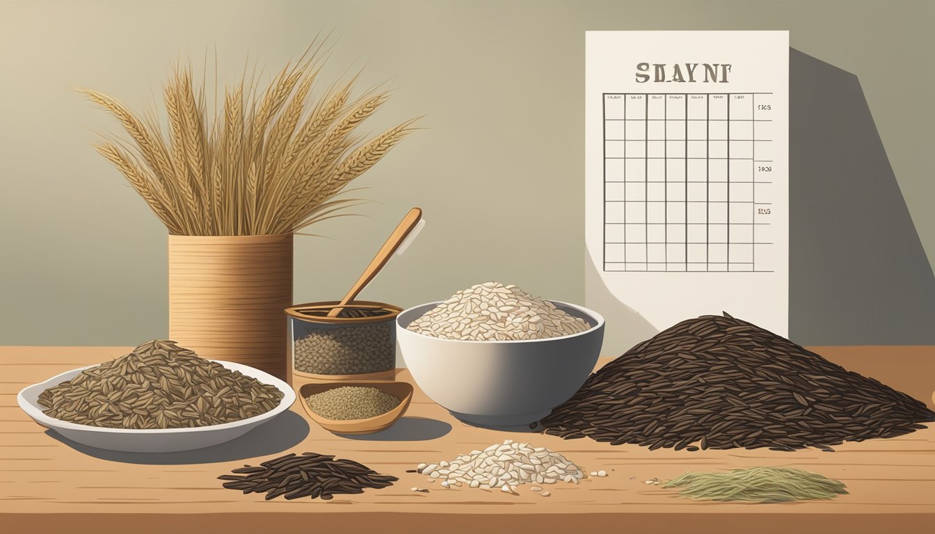 A pile of wild rice, brown and uncooked, sits next to other types of rice in varying colors and sizes. A calendar on the wall shows an expired date