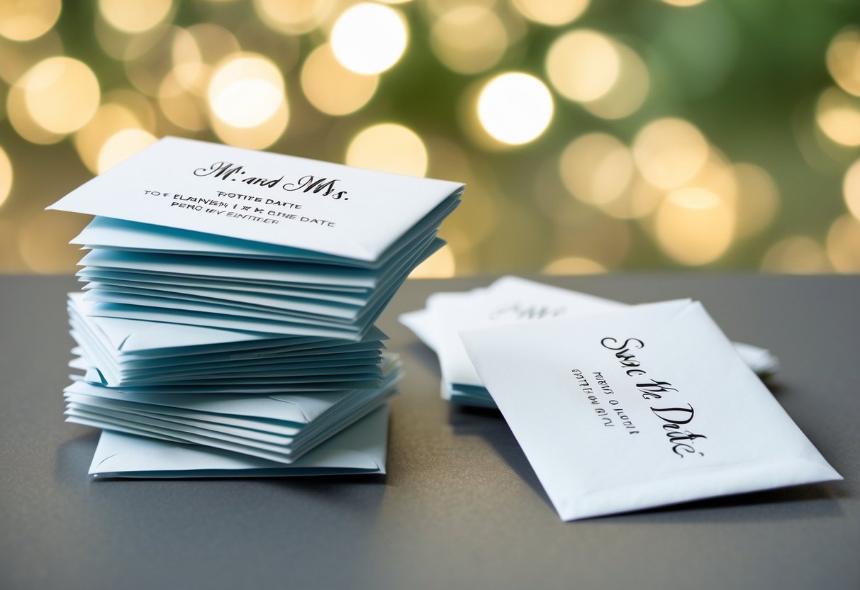 A stack of save the date envelopes, some addressed to "Mr. and Mrs." with others left blank