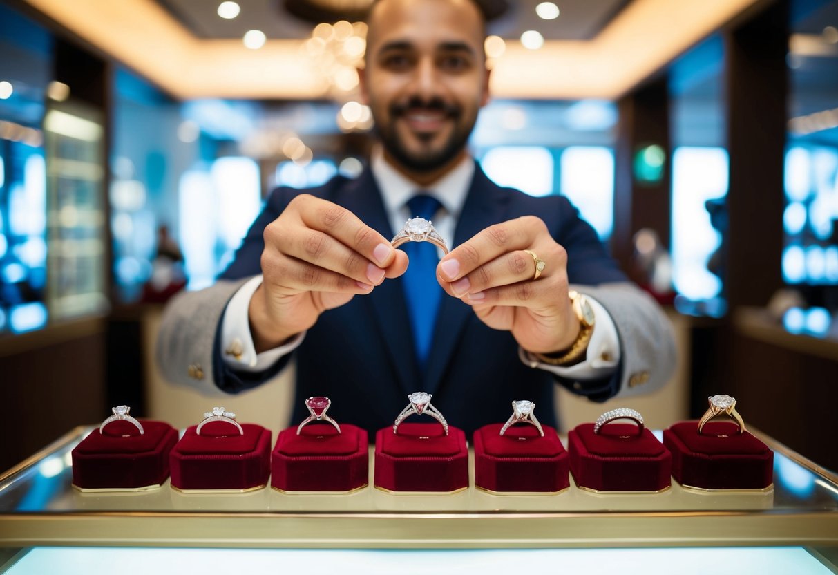 A jeweler presenting a range of wedding rings on a velvet display in a well-lit showroom