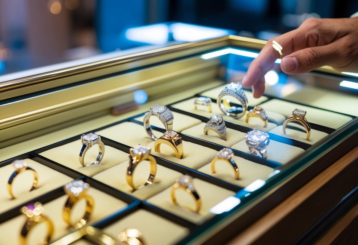 A jeweler showcasing a variety of wedding rings in a well-lit display case