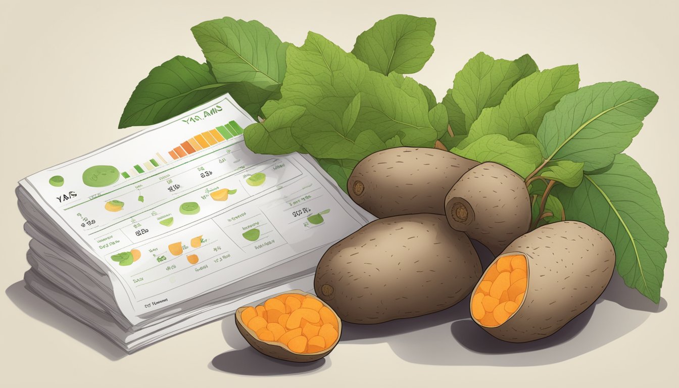 A pile of yams, some ripe and some unripe, with a nutritional profile chart in the background