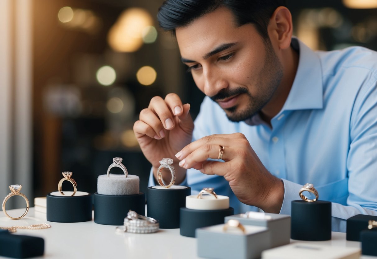 A jeweler carefully examines various materials and styles of wedding rings, weighing the options with a thoughtful expression