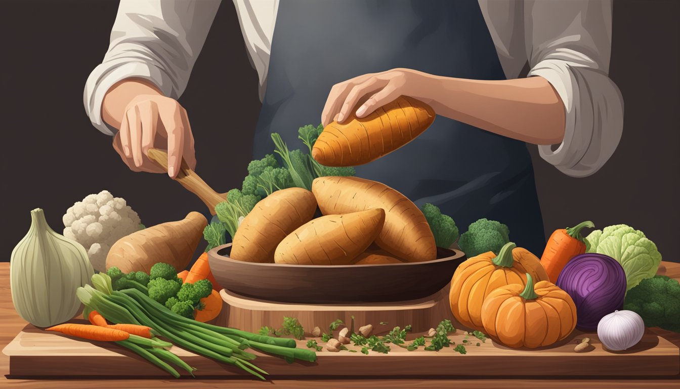 A person holding a cooked yam with steam rising, surrounded by fresh yams and a variety of colorful vegetables on a wooden cutting board