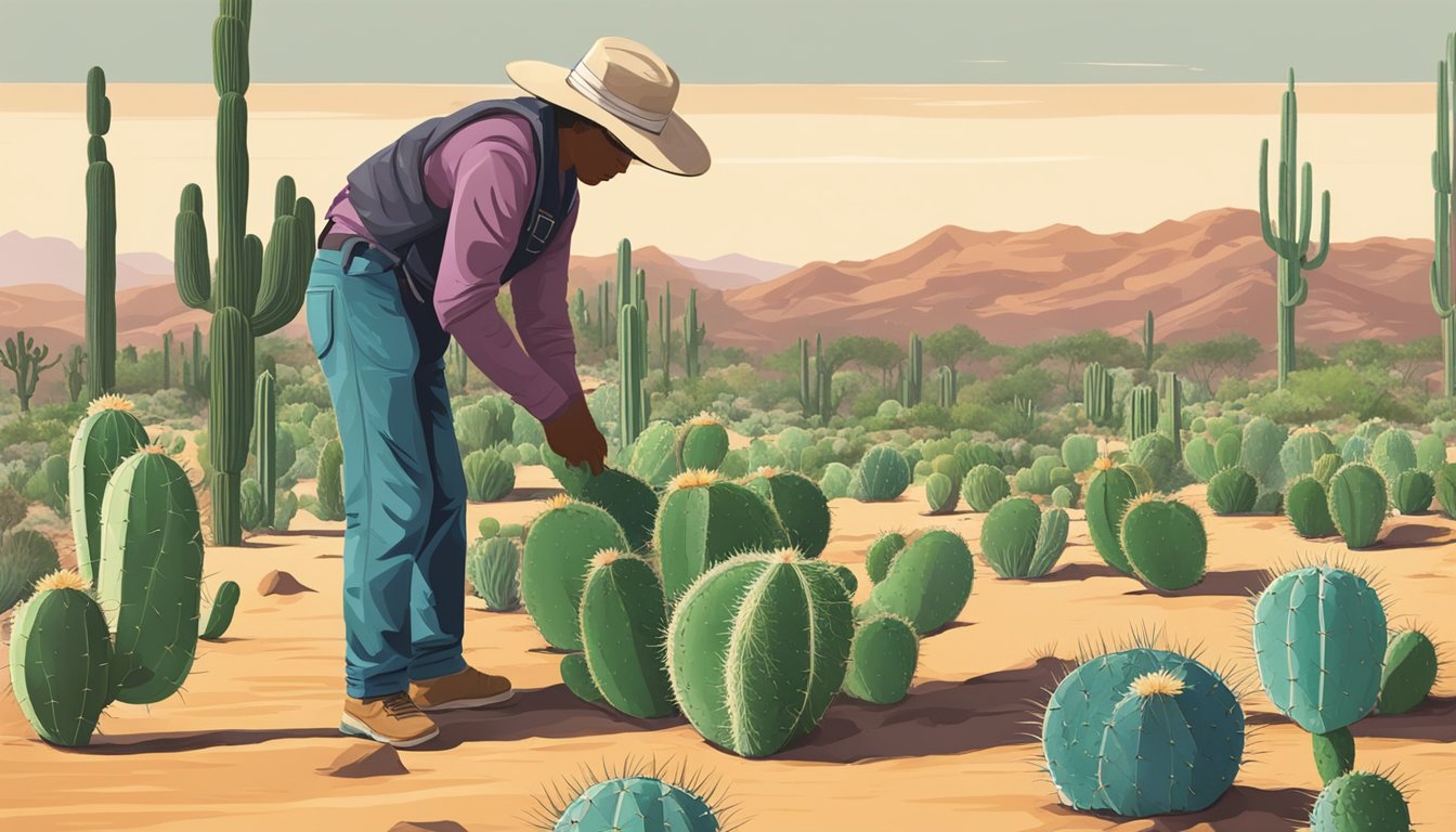 A person picking fresh cactus pads from a desert landscape