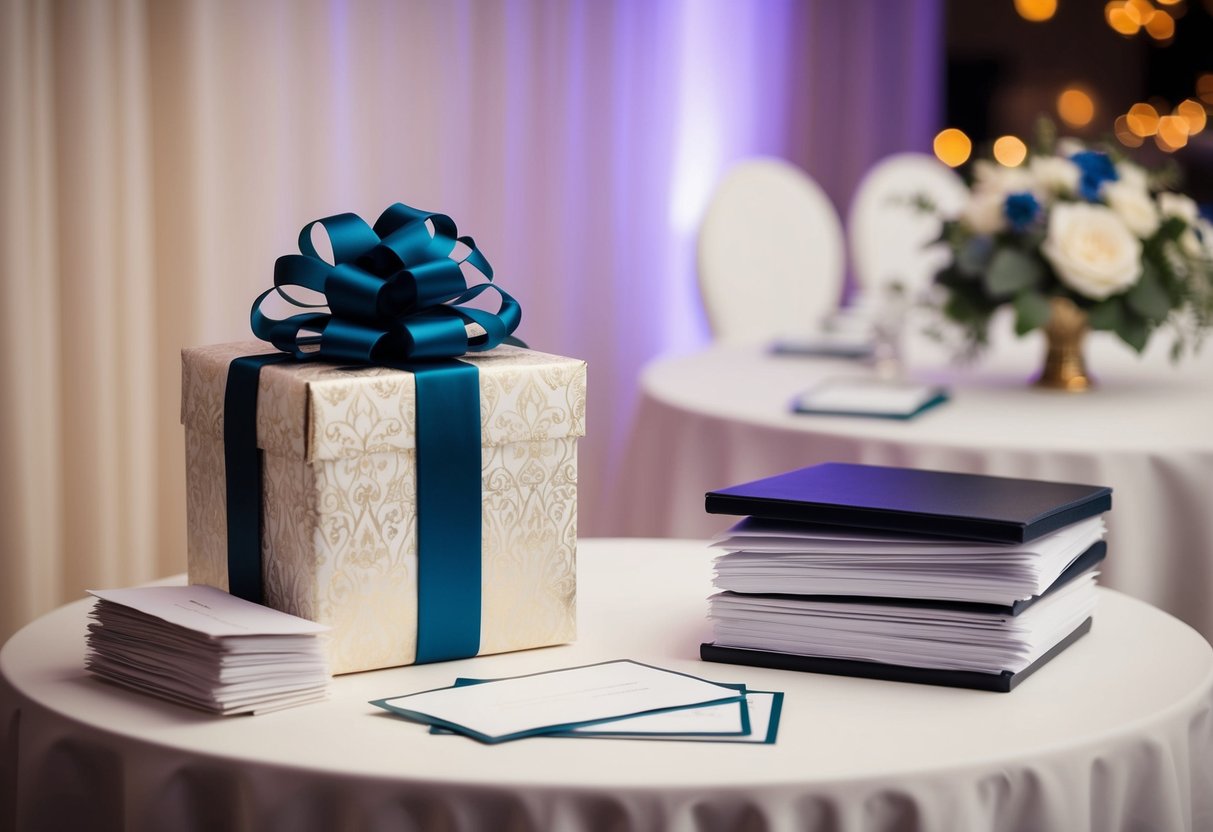 A beautifully wrapped gift box with a decorative bow sitting on a table next to a stack of envelopes and a guestbook at a wedding reception