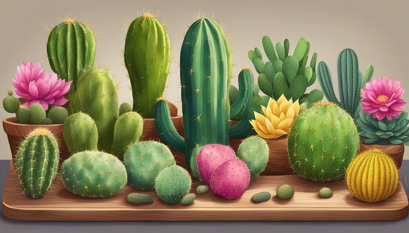 A variety of edible cacti, including prickly pear and nopal, arranged on a wooden cutting board