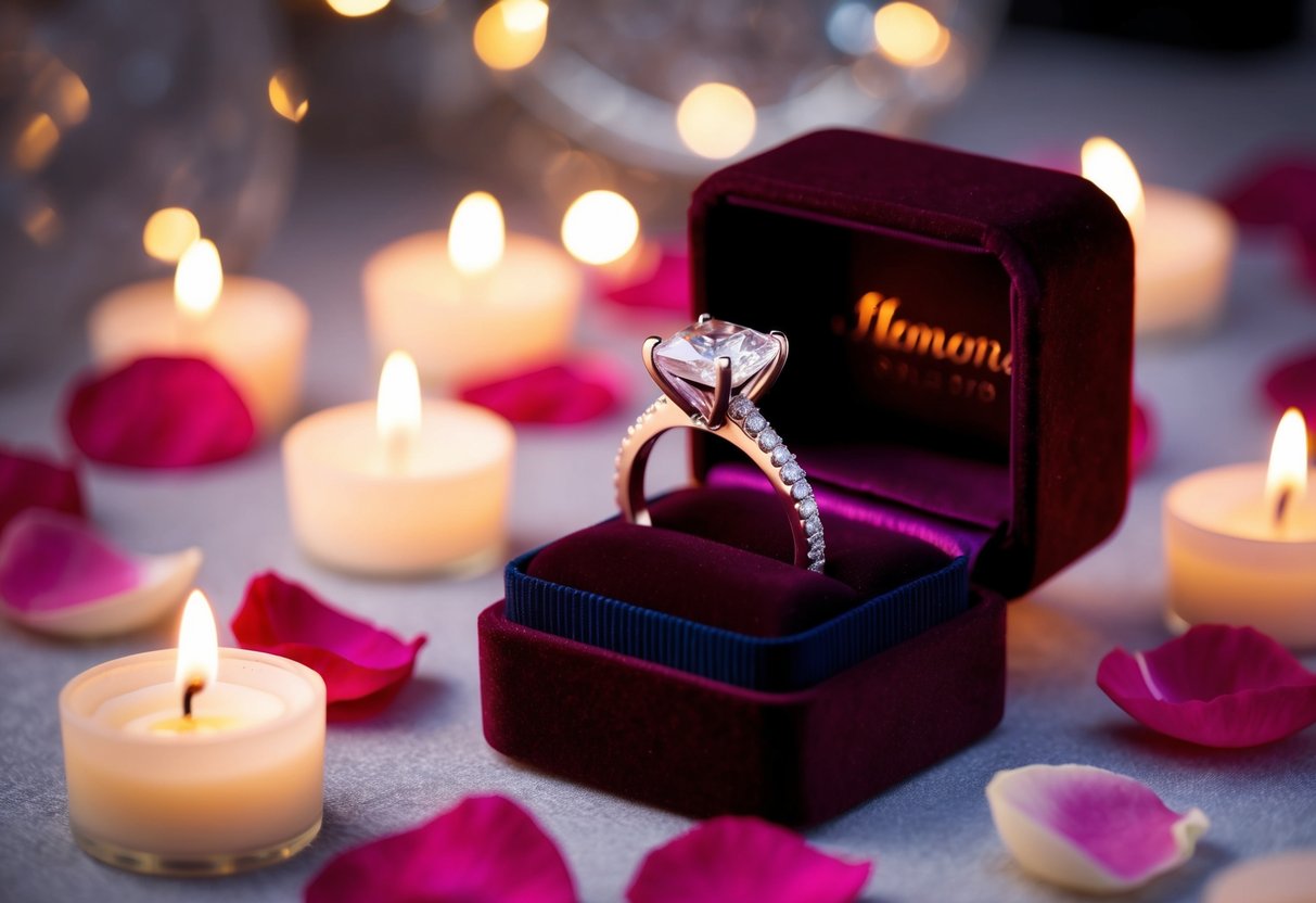 A sparkling diamond ring on a velvet box, surrounded by soft candlelight and rose petals, symbolizing love and commitment