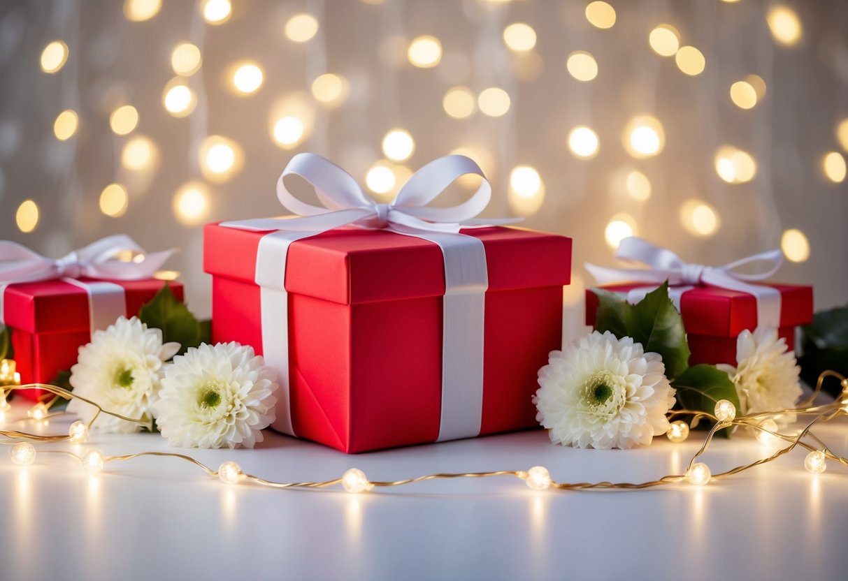 A beautifully wrapped gift box with a ribbon and bow, surrounded by elegant floral decorations and twinkling lights