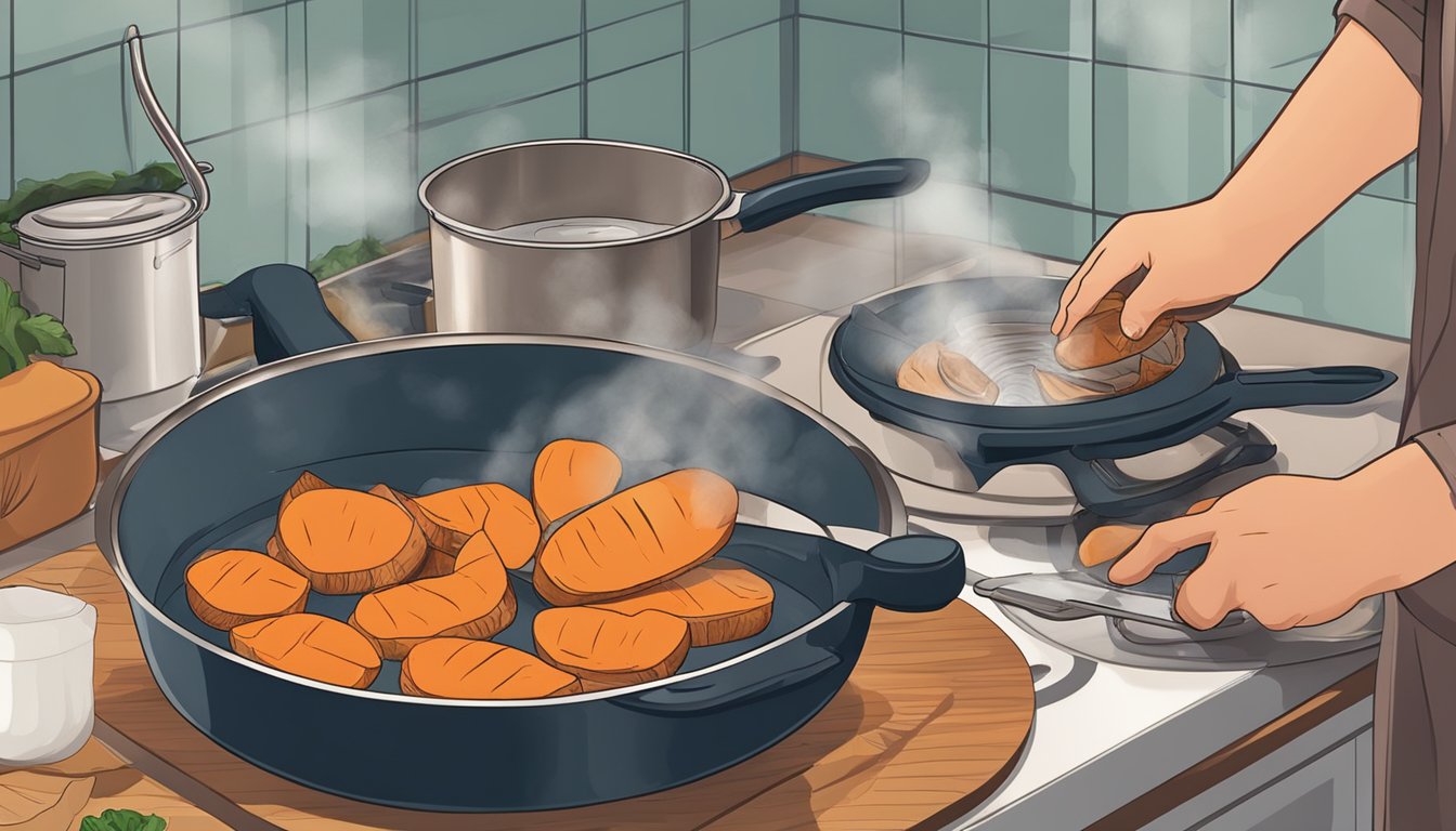 A person peeling and slicing yams with a knife, then boiling them in a pot of water on a stove