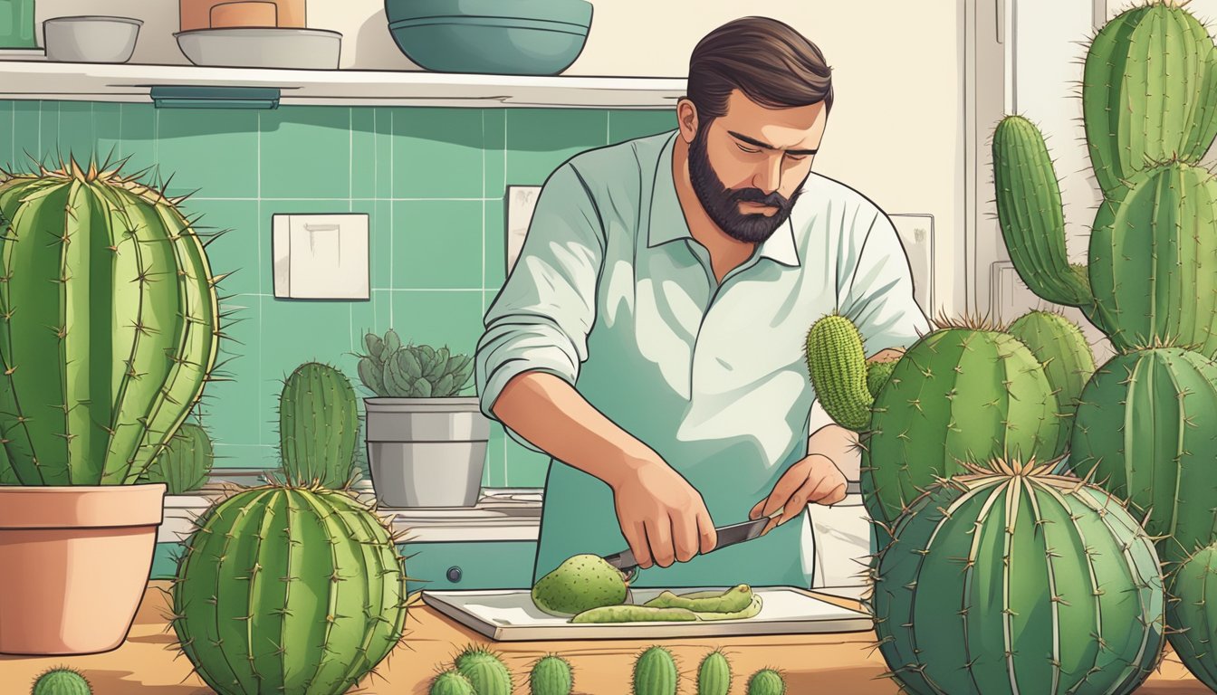 A person slicing a fresh cactus and examining the juicy flesh, with a mix of curiosity and caution on their face