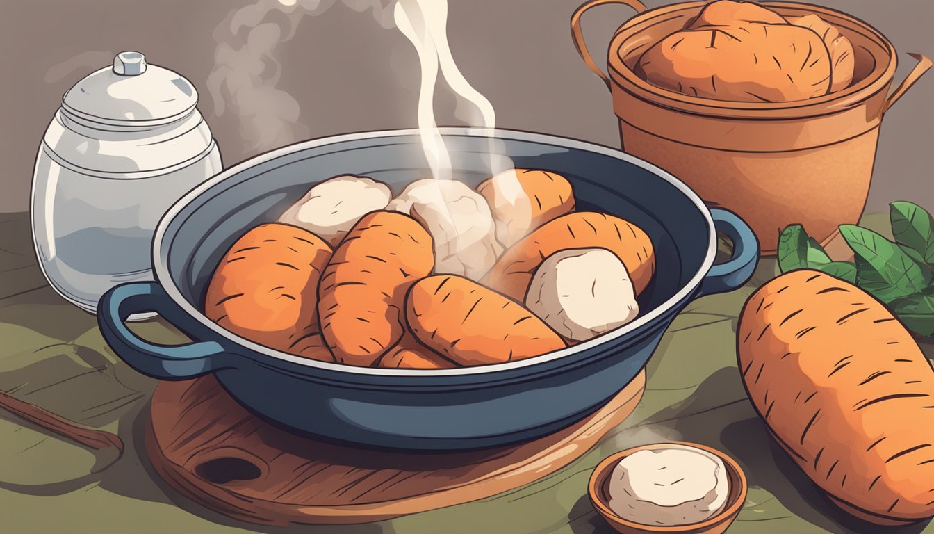 A pile of raw yams next to a pot of boiling water, with steam rising and a cooked yam on a plate