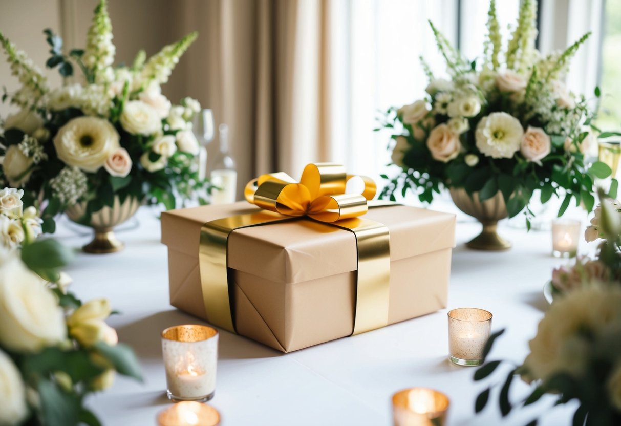 A beautifully wrapped gift box sits on a table surrounded by elegant wedding decor and floral arrangements